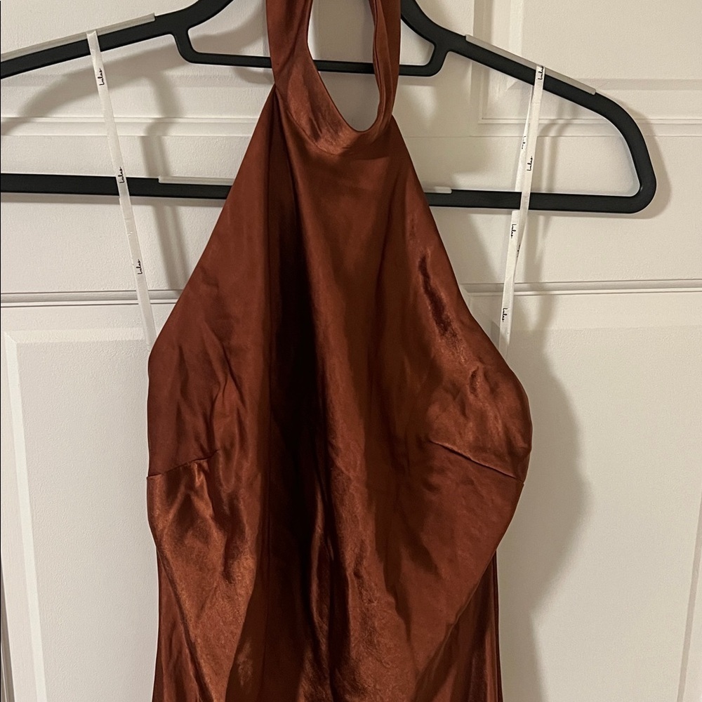 Lulus Love in Your Life Rust Brown Satin Halter Maxi Dress size XS NEW - Picture 7 of 10